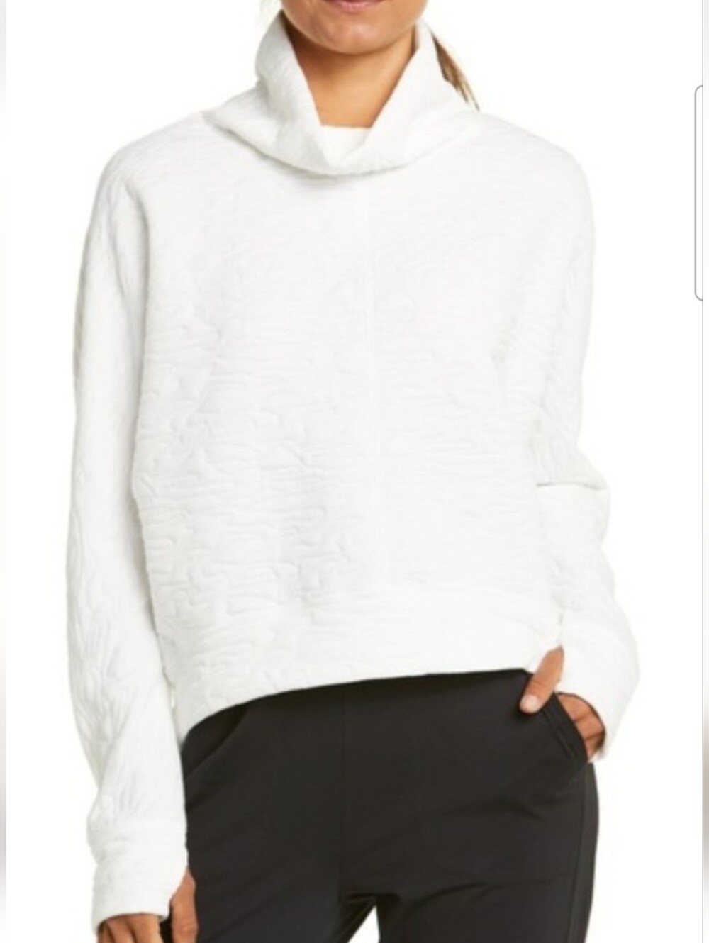Zella Carey Quilted White Textured Funnel-Neck Pullover Sweater Large
